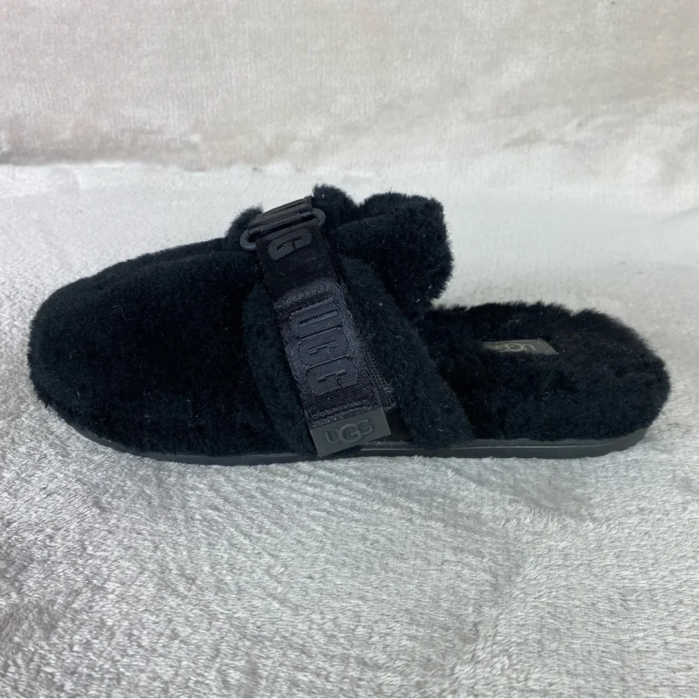 UGG Fluff It Mens Slipper Mule Size 9 Black Sheepskin Slip On Adjustable - Picture 2 of 11